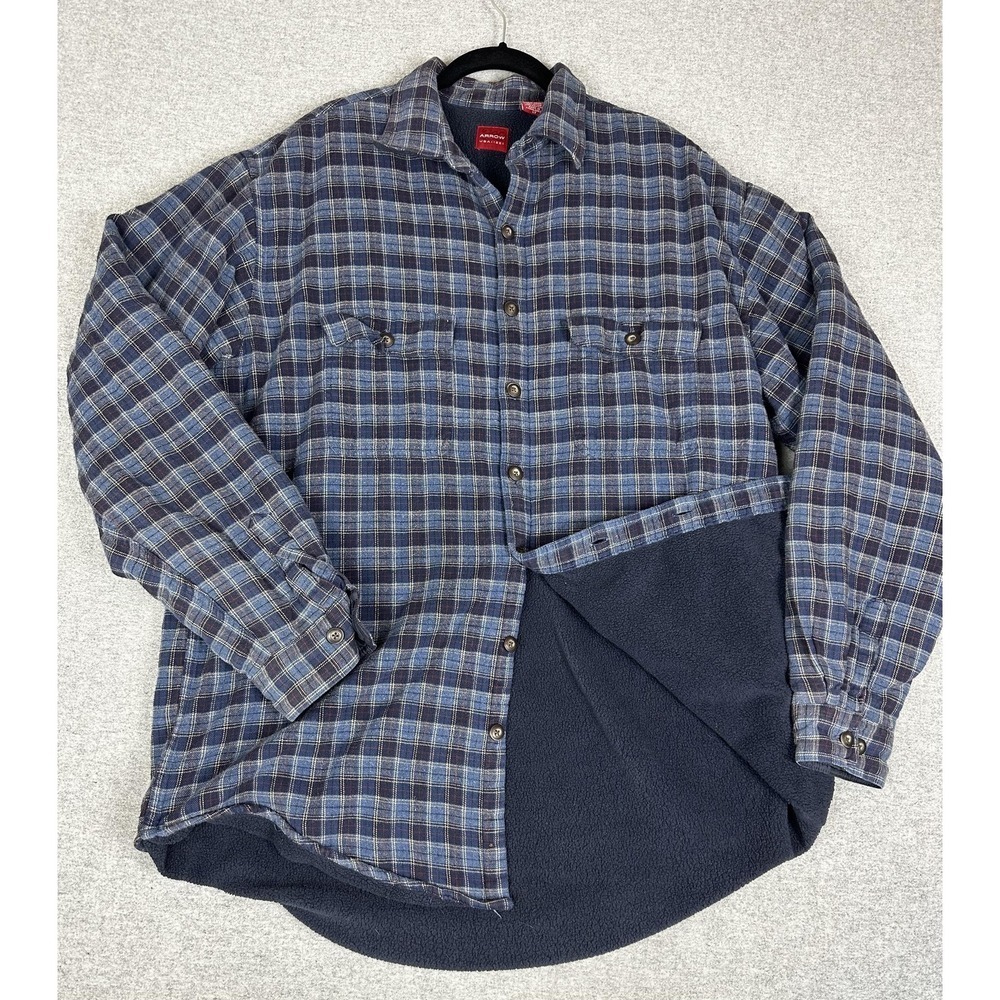Arrow Jacket Mens Large Tall Blue Plaid Fleece Lined Flannel Button‎ Up